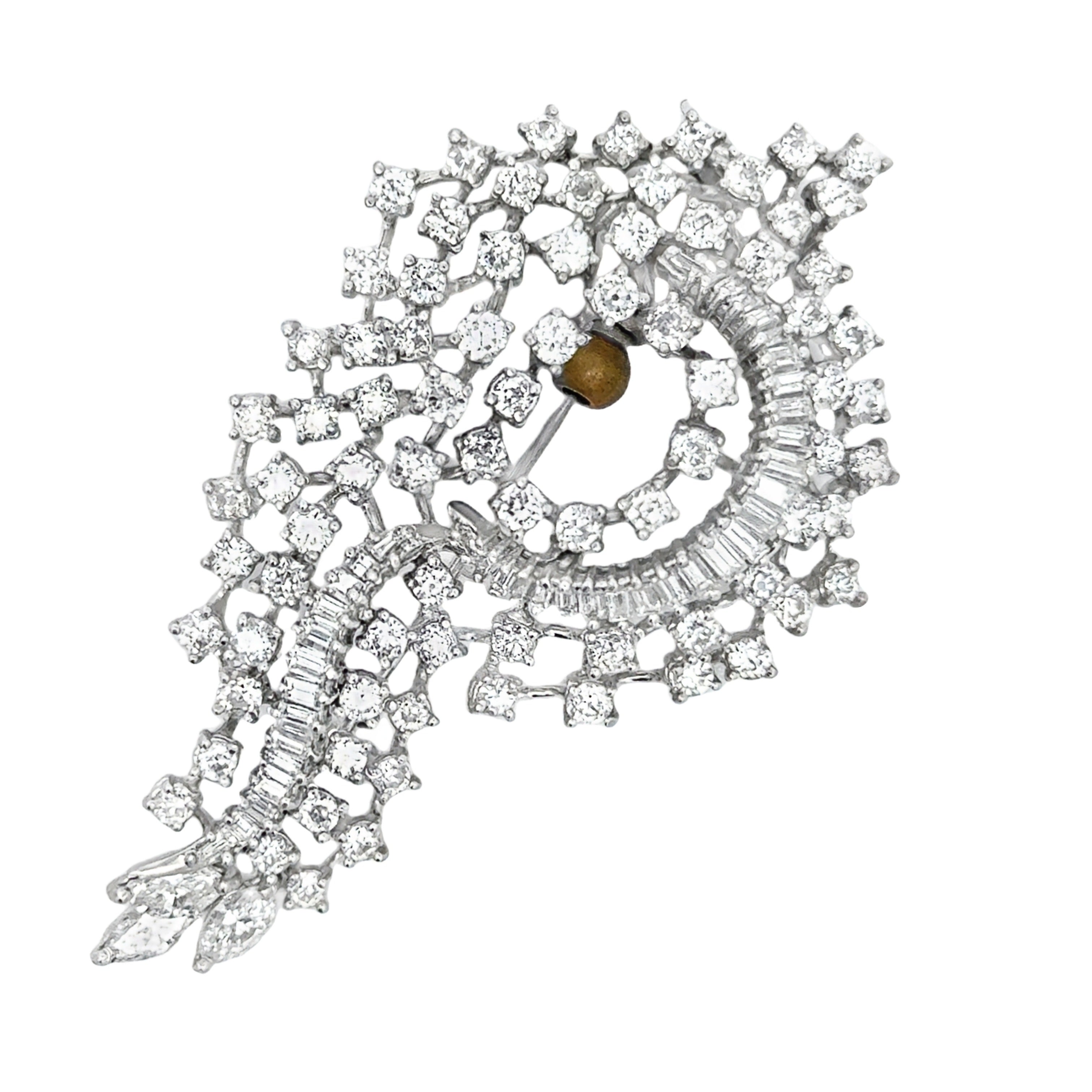 Estate Brooch/Pendant, 40 Baguette Cut Diamond 1.08 cttw  H-I SI1-SI2, 81 Old European Cut Diamond 4.00 cttw  H-I SI1-SI2, 3 Marquise Cut Diamond 1.00 cttw  H-I SI1 14K White Gold 17.10g. All weights estimated.