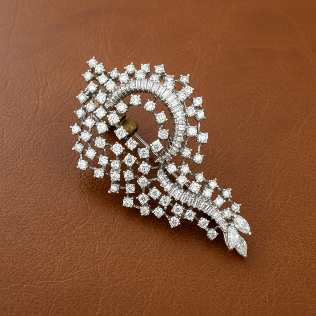 Estate Brooch/Pendant, 40 Baguette Cut Diamond 1.08 cttw  H-I SI1-SI2, 81 Old European Cut Diamond 4.00 cttw  H-I SI1-SI2, 3 Marquise Cut Diamond 1.00 cttw  H-I SI1 14K White Gold 17.10g. All weights estimated.
