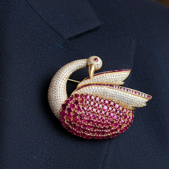 Estate Brooch/Pendant, 455 Round Brilliant Cut Diamond 5.50 cttw  G-H VS1,137 Ruby Round/Baguette 22.00 cttw  14K Yellow Gold 36.70g