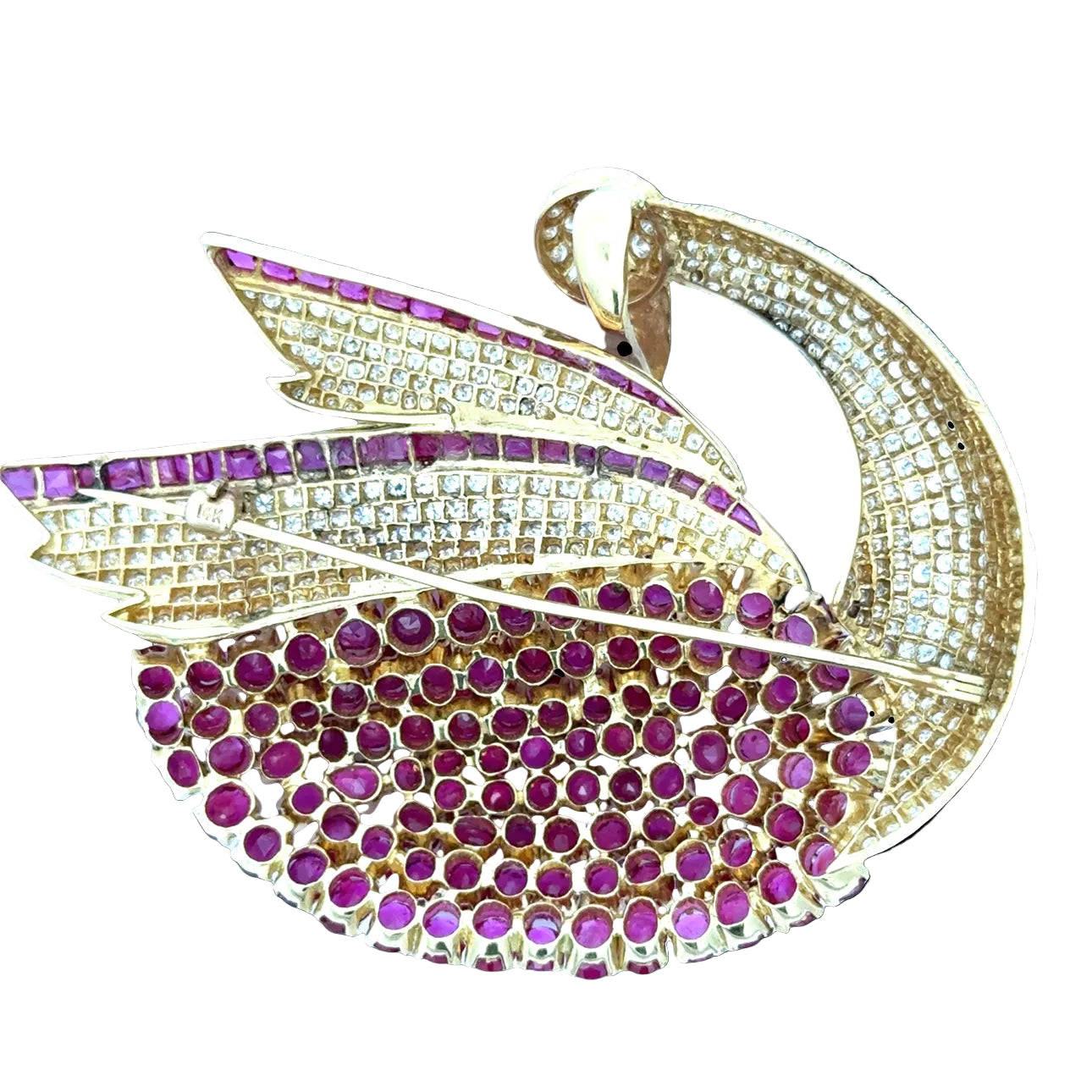 Estate Brooch/Pendant, 455 Round Brilliant Cut Diamond 5.50 cttw  G-H VS1,137 Ruby Round/Baguette 22.00 cttw  14K Yellow Gold 36.70g