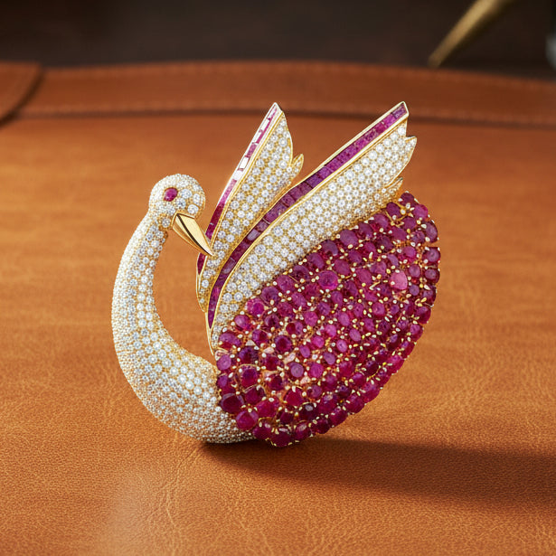 Estate Brooch/Pendant, 455 Round Brilliant Cut Diamond 5.50 cttw  G-H VS1,137 Ruby Round/Baguette 22.00 cttw  14K Yellow Gold 36.70g