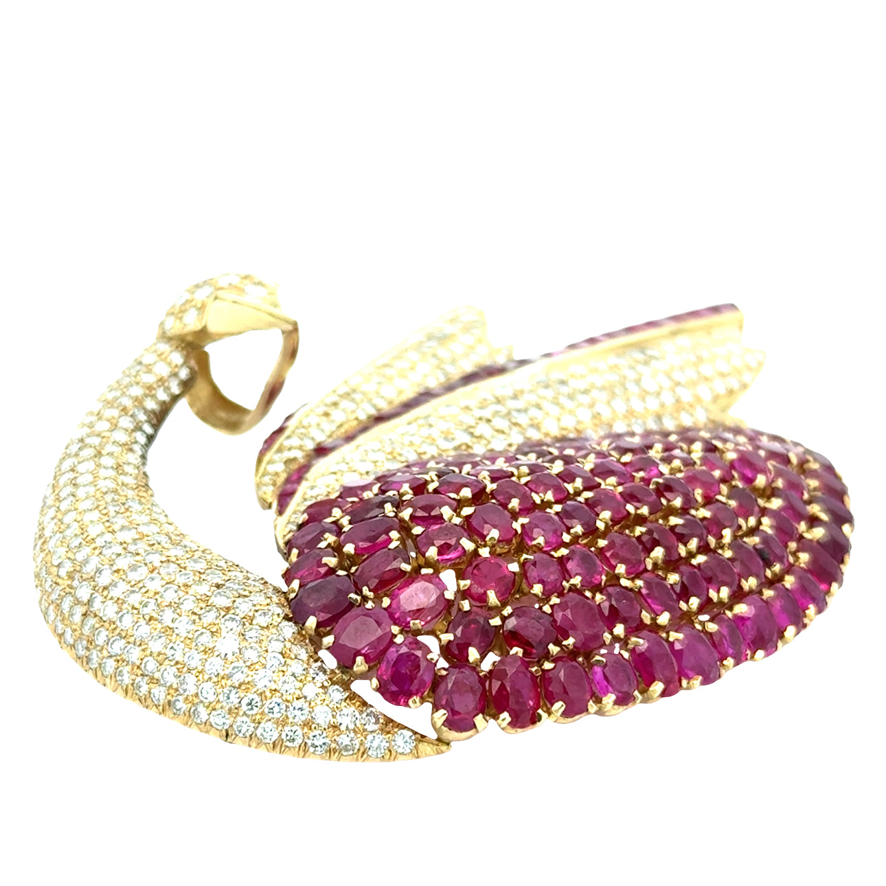 Estate Brooch/Pendant, 455 Round Brilliant Cut Diamond 5.50 cttw  G-H VS1,137 Ruby Round/Baguette 22.00 cttw  14K Yellow Gold 36.70g