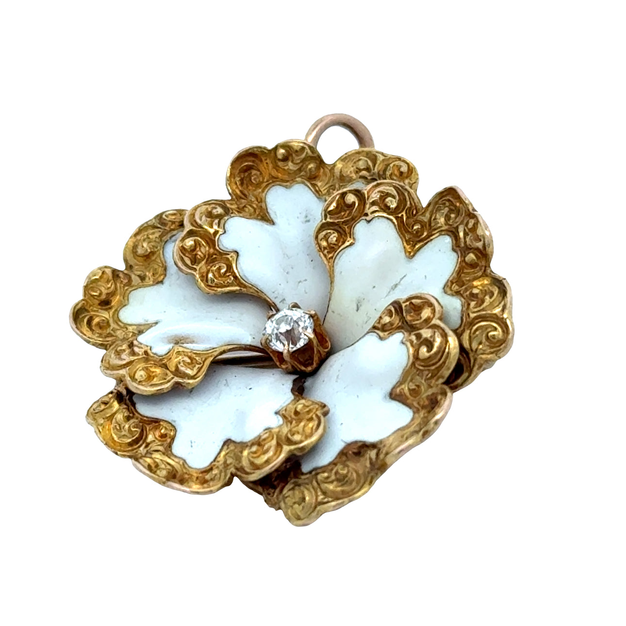 Estate Brooch/Pendant, Old European Cut Diamond 0.06ct  I I1, White Enamel 14K Yellow Gold 6.44g. All weights estimated