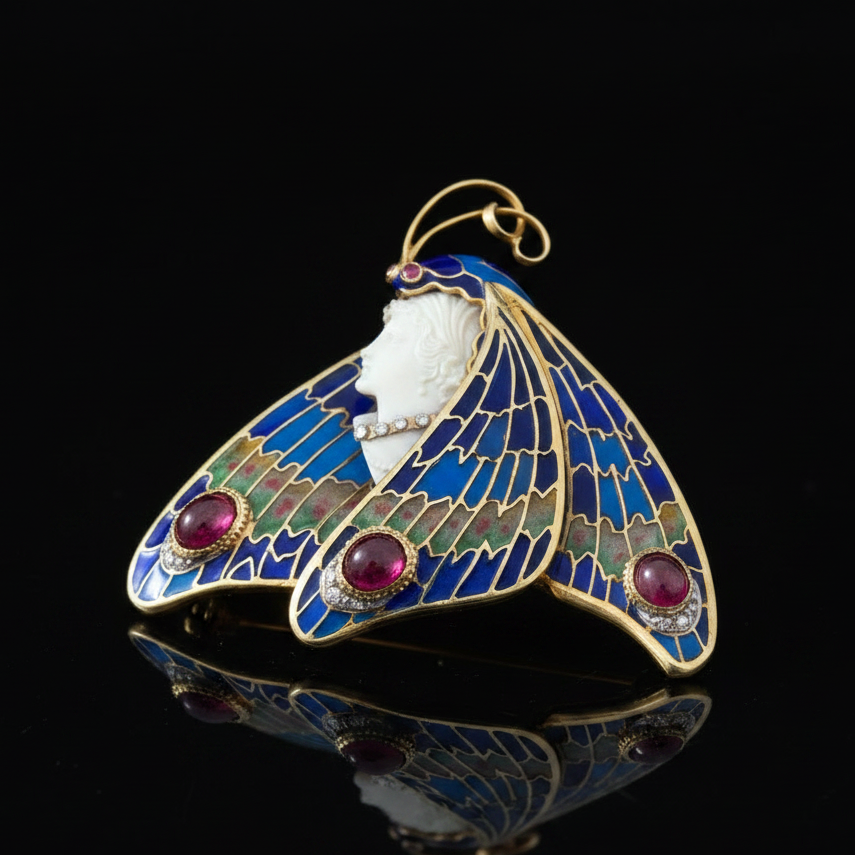 Estate Brooch/Pendant, Mixed Cut Diamond 0.18 ct  G-H VS2-SI1,3 Garnet Cabochon 6.00 ct ,2 Pink Sapphire 0.25 ct  18K Yellow Gold 30.02g