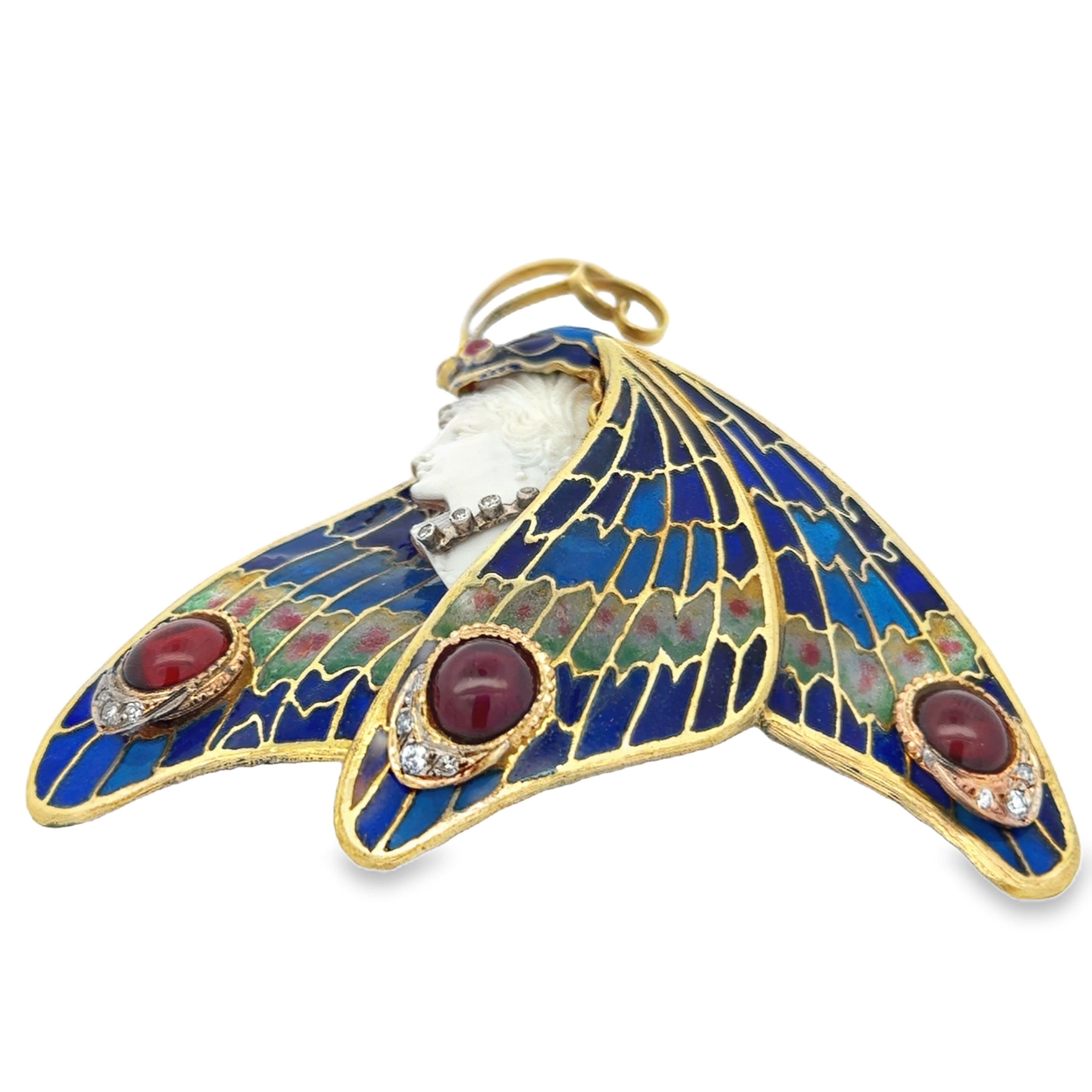 Estate Brooch/Pendant, Mixed Cut Diamond 0.18 ct  G-H VS2-SI1,3 Garnet Cabochon 6.00 ct ,2 Pink Sapphire 0.25 ct  18K Yellow Gold 30.02g