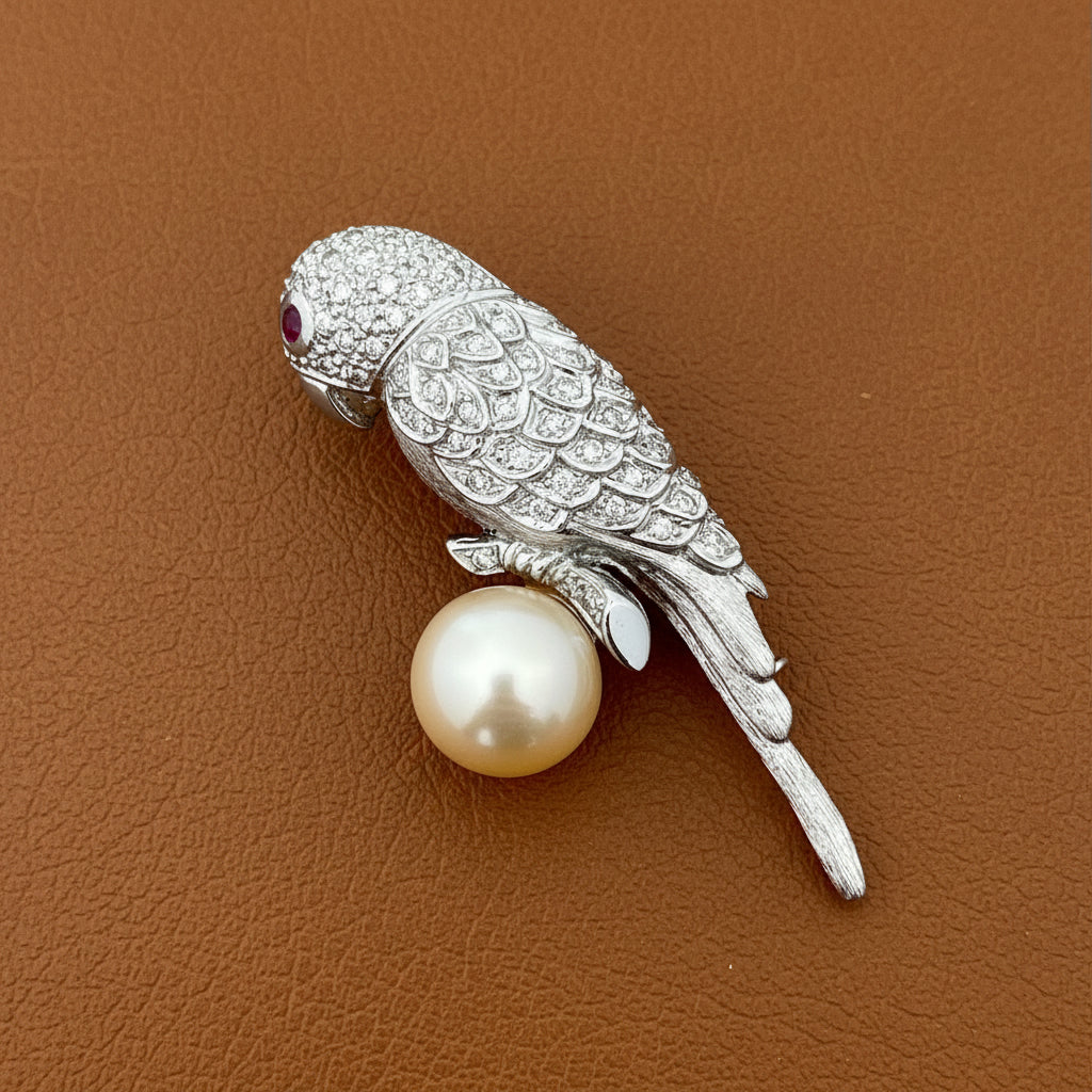 Estate Brooch/Pendant, Round Brilliant Cut Diamond 0.66cttw  G-H SI1-I1,1 Ruby Round 0.05 ct , South Sea Pearl Round Light Cream 18K White Gold 16.17g