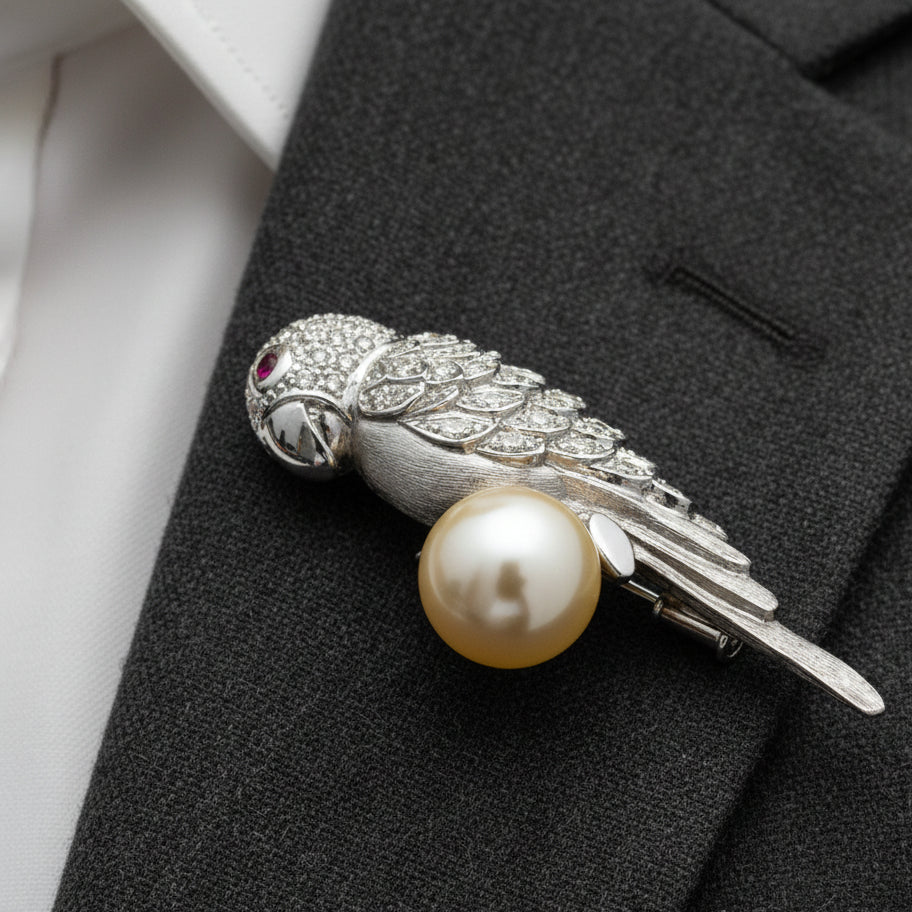Estate Brooch/Pendant, Round Brilliant Cut Diamond 0.66cttw  G-H SI1-I1,1 Ruby Round 0.05 ct , South Sea Pearl Round Light Cream 18K White Gold 16.17g