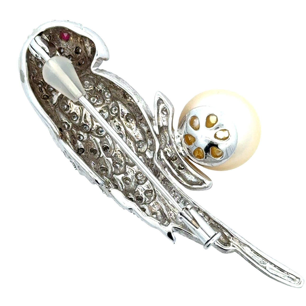 Estate Brooch/Pendant, Round Brilliant Cut Diamond 0.66cttw  G-H SI1-I1,1 Ruby Round 0.05 ct , South Sea Pearl Round Light Cream 18K White Gold 16.17g