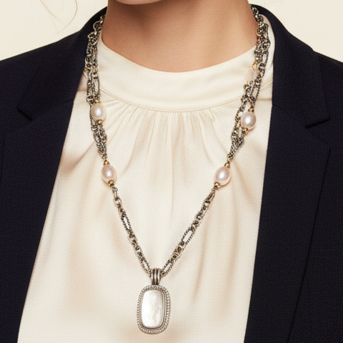 David Yurman Necklace, Square Cut Diamond 0.33 cttw  H-I SI1,7 Freshwater Pearl, Mother of Pearl 18K/Silver Yellow Gold 56.65g. All weights estimated.