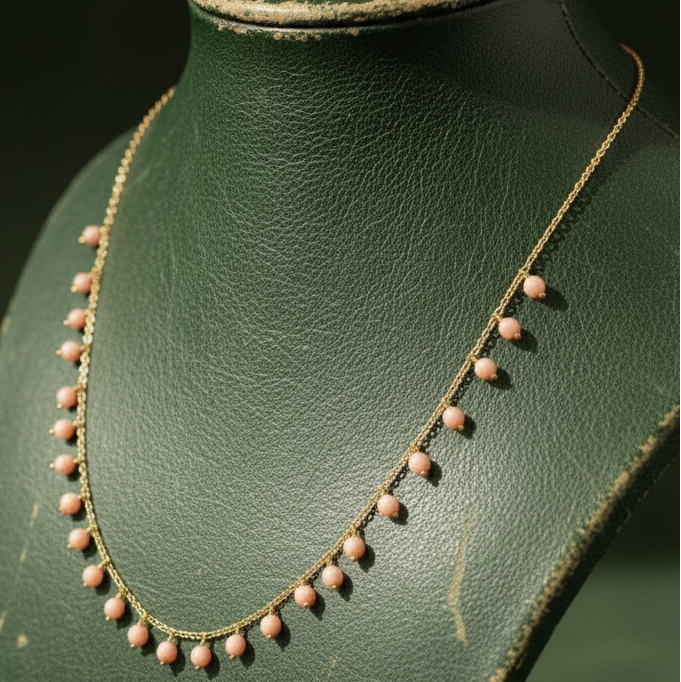 Italian Necklace, 30 Angel Skin Coral Round,18K Yellow Gold 6.50g. All weights estimated.