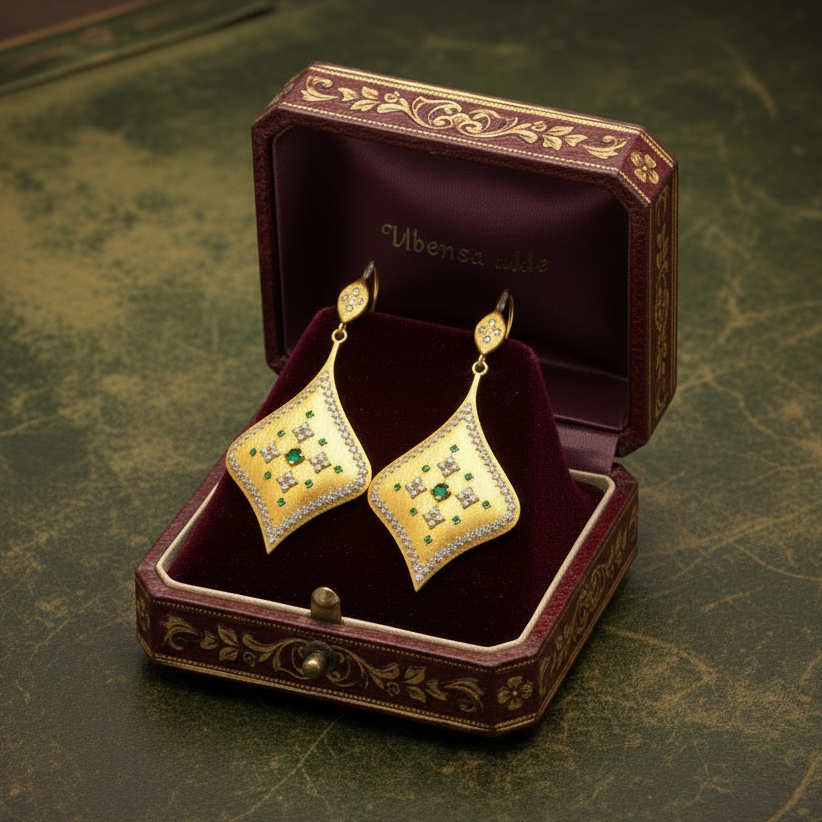 Italian Designer Earrings, Round Brilliant Cut Diamonds 1.20cttw G-H VS2-SI1, Emerald Round 0.38cttw, 18K Yellow Gold 7.92g. All Weights Estimated.