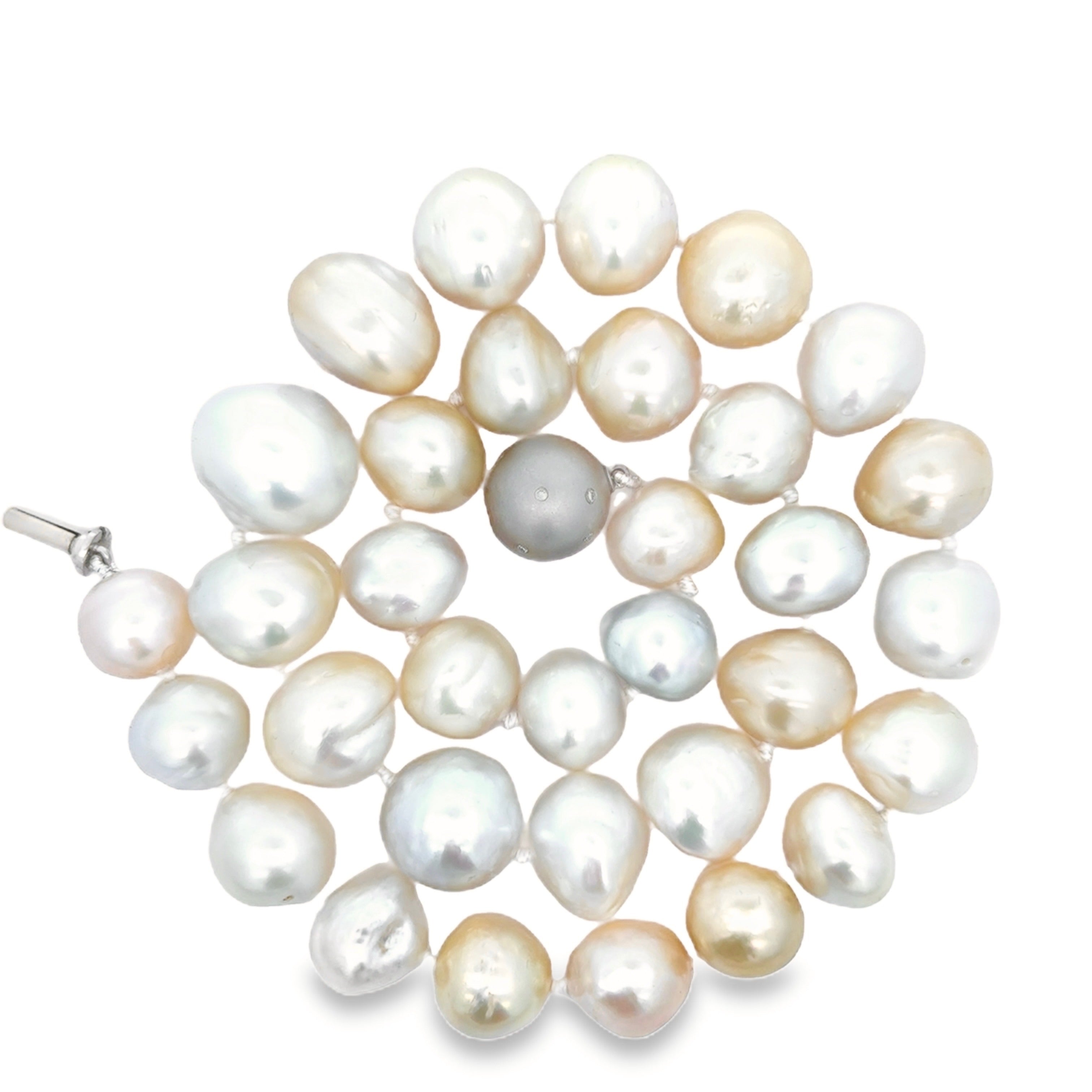 Estate Necklace, Round Brilliant Cut Diamond 0.10cttw G-H VS1-SI1, South Sea Pearl Baroque Cut Light Green-Silver Grey, Platinum 6.40g. All Weights Estimated.