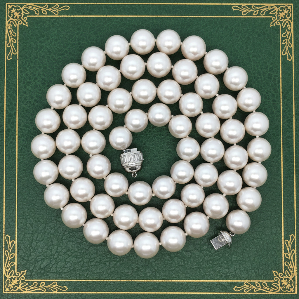 Tara & Sons Necklace, Baguette Cut Diamonds 5.00cttw D-E VVS2-VS1, 65 South Sea Pearl Round Rose Fine, 18K White Gold 191.73g. All Weights Estimated.