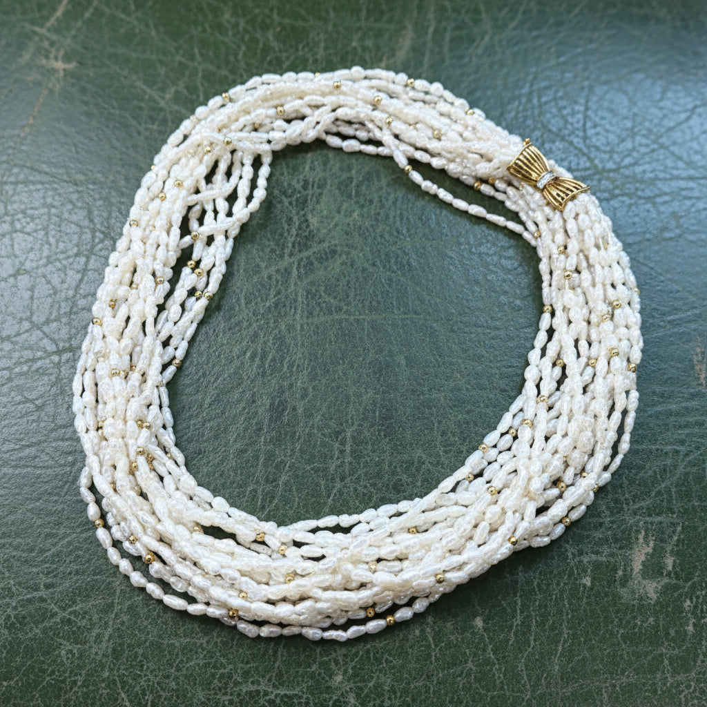 Estate Necklace,7 Round Brilliant Cut Diamond 0.15 cttw  G-H VS2-SI1, Freshwater Pearl 14K Yellow/White Gold 142.99g. All weights estimated. 