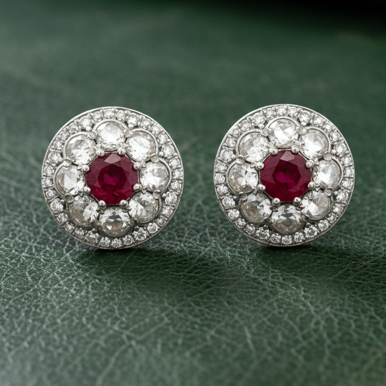 Estate Earrings, Rose Cut/RBC Diamonds 1.42cttw F-G VS1-SI1, 2 Ruby Round 0.83cttw Fine, 18K White Gold 4.33g. All Weights Estimated.
