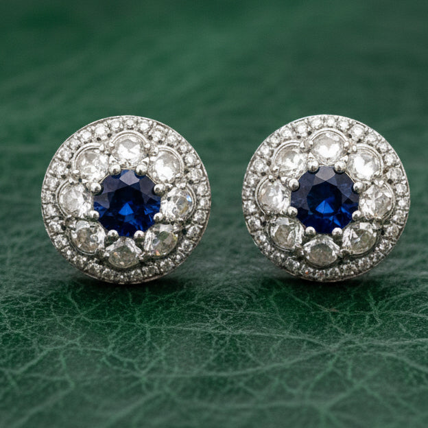 Estate Earrings, RBC/Rose Cut Diamonds 0.95cttw F-G VS1-SI1, 2 Sapphire Round 0.74ct, 18K White Gold 3.81g. All Weights Estimated.
