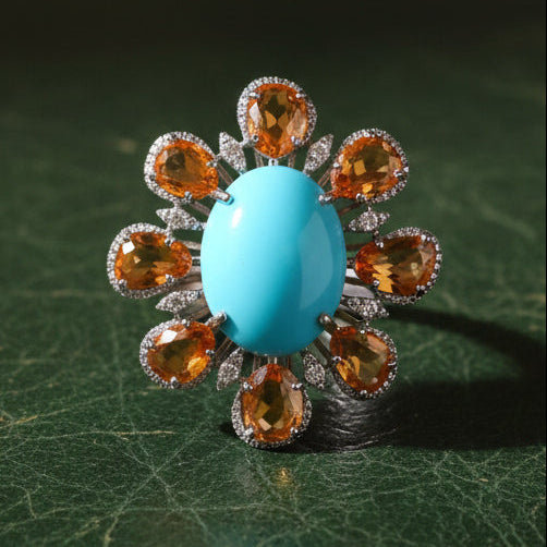 Estate Ring, Round Brilliant Cut Diamond 0.40cttw G-H SI1-SI2, 8 Sapphire Mixed Cut Pear/Oval Shape 4.37cttw Orange,1 Turquoise Cabochon 6.04ct, 18K White Gold 8.00g. All weights estimated.
