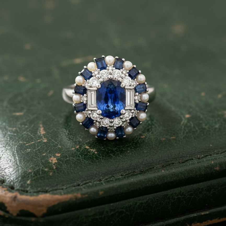 Estate Ring, Round/Baguette Cut Diamonds 0.48cttw G-H VS1-SI, Sapphire Oval/Baguette Cut 2.59cttw Fine, 12 Japanese Akoya Cultured Pearls, 18K White Gold 6.55g. All Weights Estimated.
