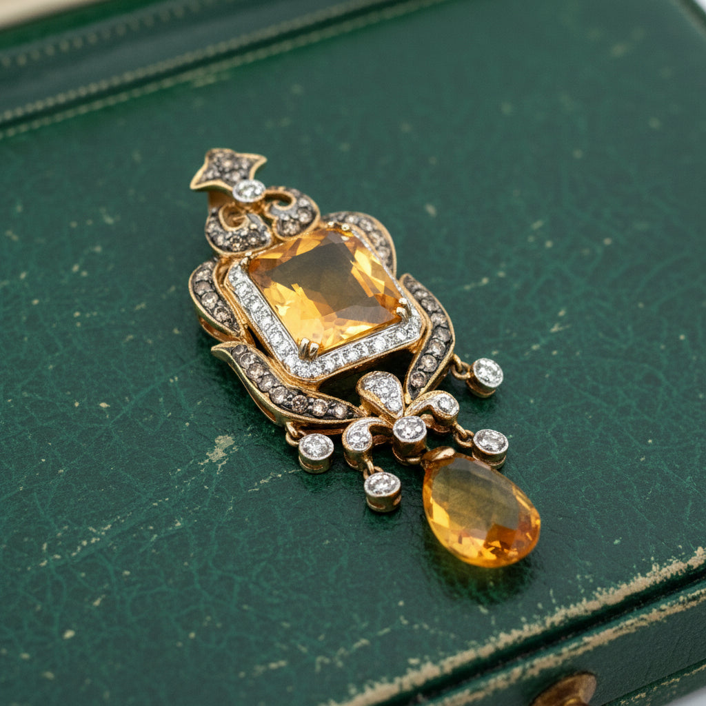 Estate Ring,1 Round Brilliant Cut Diamond 1.00cttw H/I-Brown SI1-SI2, 2 Citrine Emerald Cut And Pear Shape 8.00cttw, 14K White Gold 7.75g. All weights estimated.