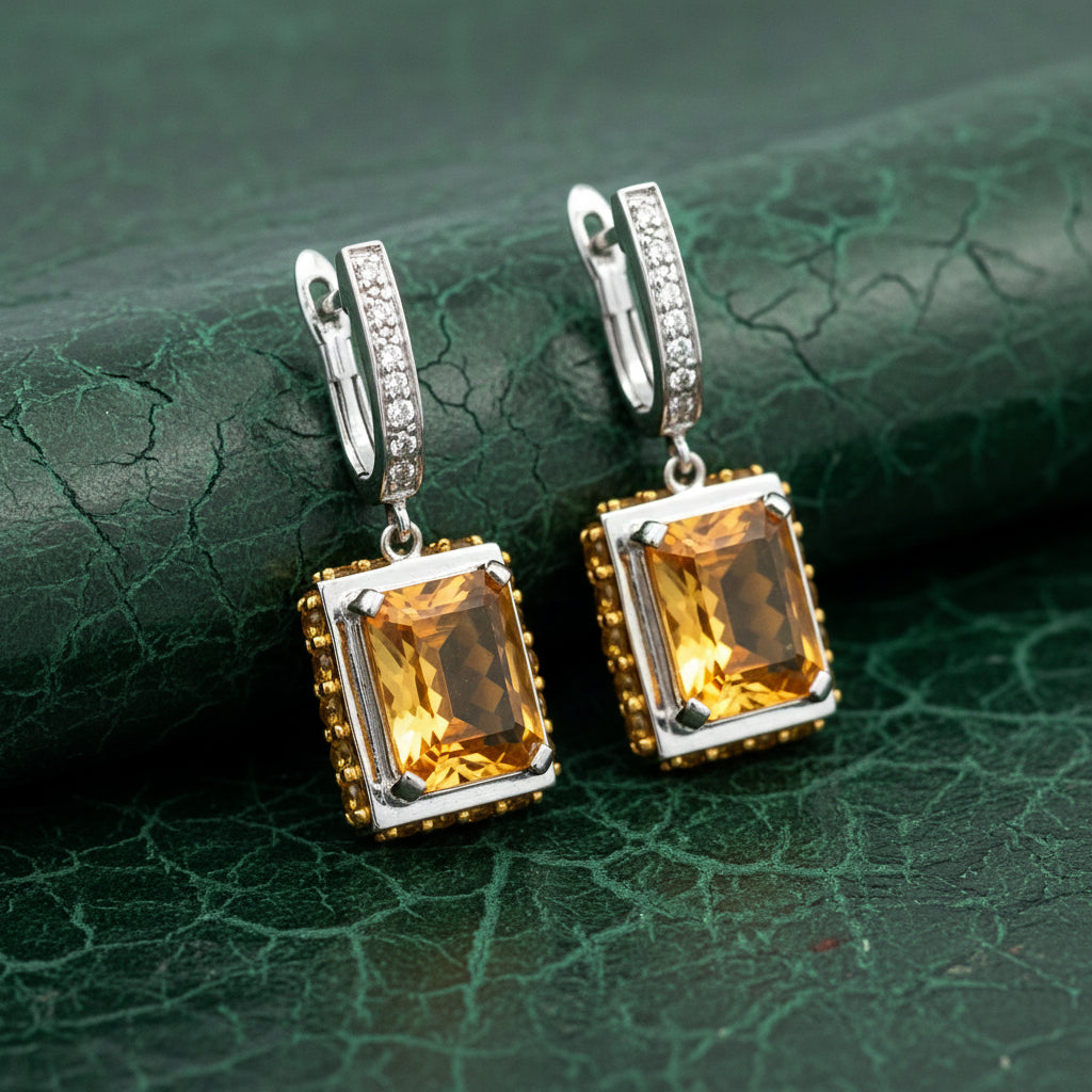 Estate Dangle Earrings, 12 Round Brilliant Cut Diamond 0.12cttw G-H SI1-SI2, 2 Citrine Emerald Cut 6.00cttw , 36 Citrine Round 2.00cttw, 14K White Gold 7.86g. All weights estimated.