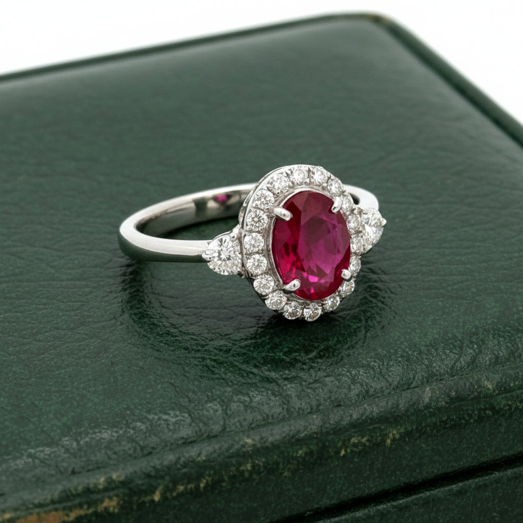 Estate Ring, RBC/Step Cut Diamonds 0.26cttw G-H VS2-SI1, Ruby Oval 0.97ct, 18K White Gold 3.70g. All Weights Estimated.