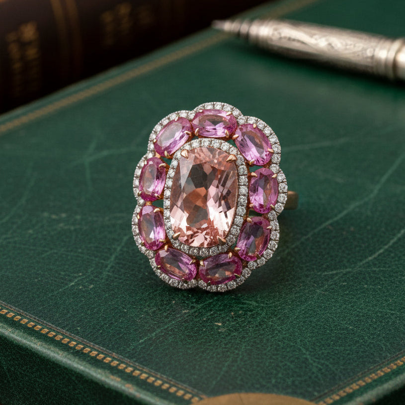 Estate Ring, Round Brilliant Cut Diamonds 0.71cttw G-H VS2-SI1, 9 Sapphire Oval Brilliant 5.00cttw Pink, 1 Morganite Cushion Modified 3.79ct, 18K Yellow Gold 7.60g. All Weights Estimated.