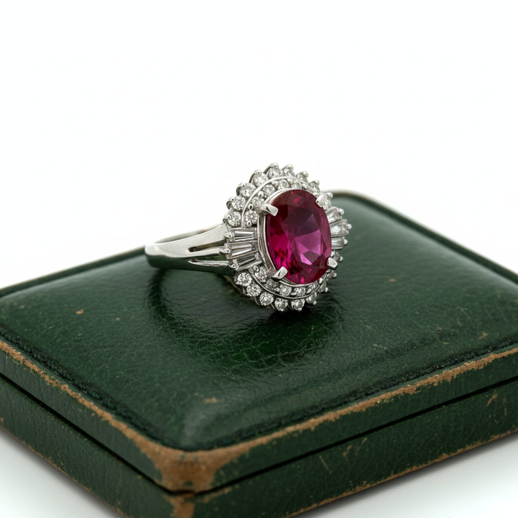 Estate Ring, Round/Baguette Cut Diamonds 0.53cttw H-I VS2-SI1, 1 Ruby Oval 1.47ct,  Platinum 5.48g. All Weights Estimated.