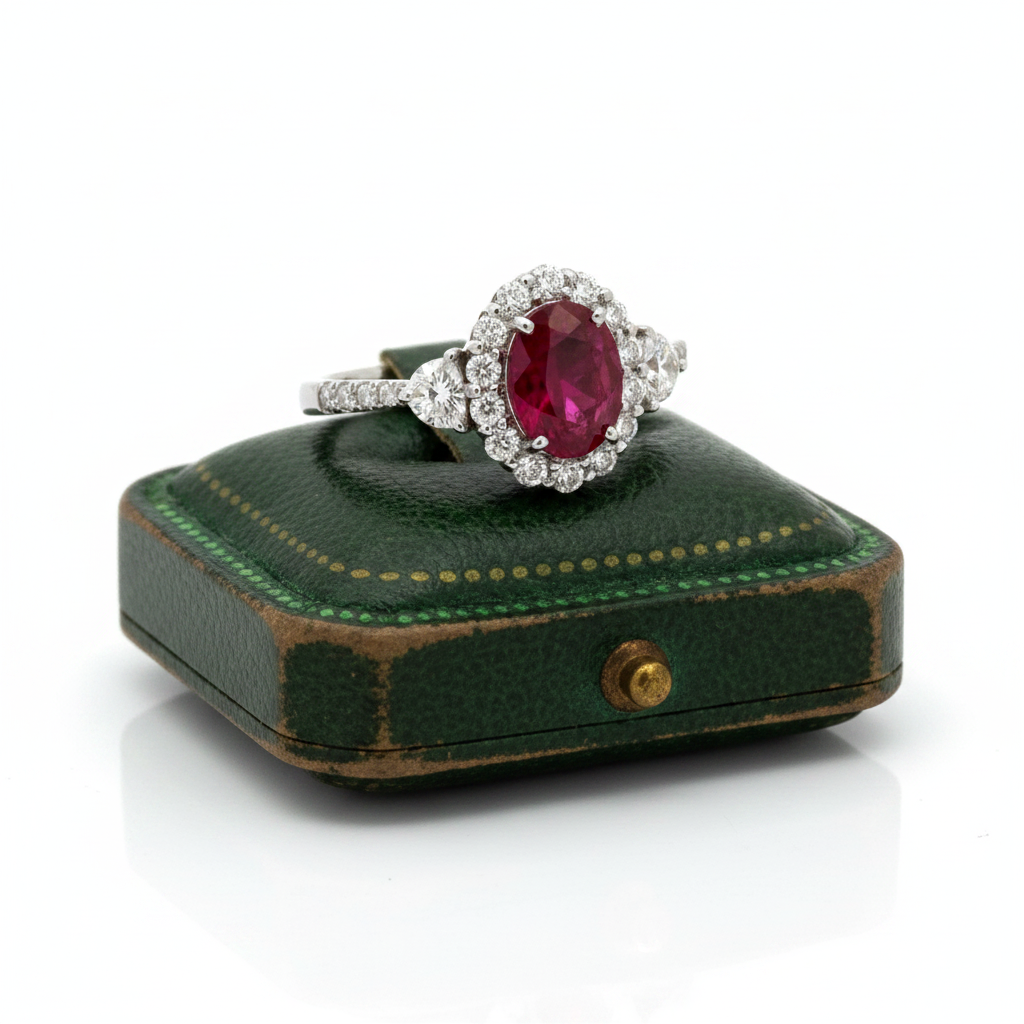 Estate Ring, Shield Cut/RBC Diamonds 0.69cttw, 1 Ruby Oval Brilliant 1.06ct, 18K White Gold 4.14g. All Weights Estimated.