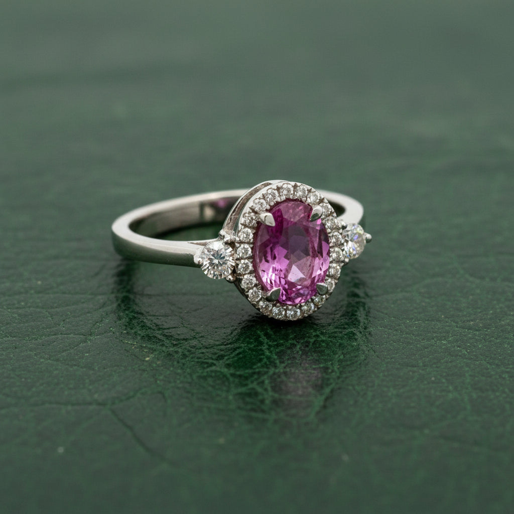 Estate Ring, Half Moon Diamond 0.30cttw G-H VS2-SI, 1 Sapphire Oval 1.66ct Pink, 18K White Gold 4.44g. All Weights Estimated.
