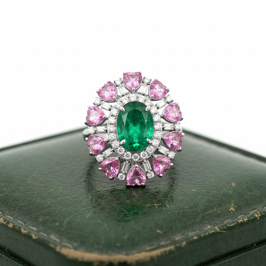 Estate Ring, Round/Baguette Cut Diamonds 0.64cttw G-H VS2-SI1, 10 Sapphire Heart Shape 3.00cttw Pink, 1 Emerald Oval 2.75ct, 18K White Gold 6.26g. All Weights Estimated.
