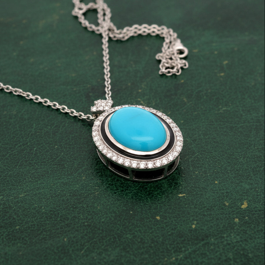 Estate Necklace, Round Brilliant Cut Diamond 0.50ct G-H VS2-SI1, Turquoise Cabochon 4.78ct, Enamel Black, 14K White Gold 6.43g. All Weights Estimated.