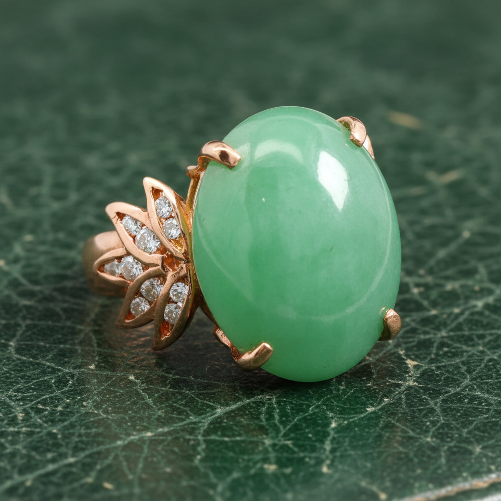Estate Ring, 20 Round Brilliant Cut Diamond 0.50cttw H-I SI1-SI2, 1 Jade Cabochon 23.00ct, 14K Yellow Gold 10.52g. All Weights Estimated.