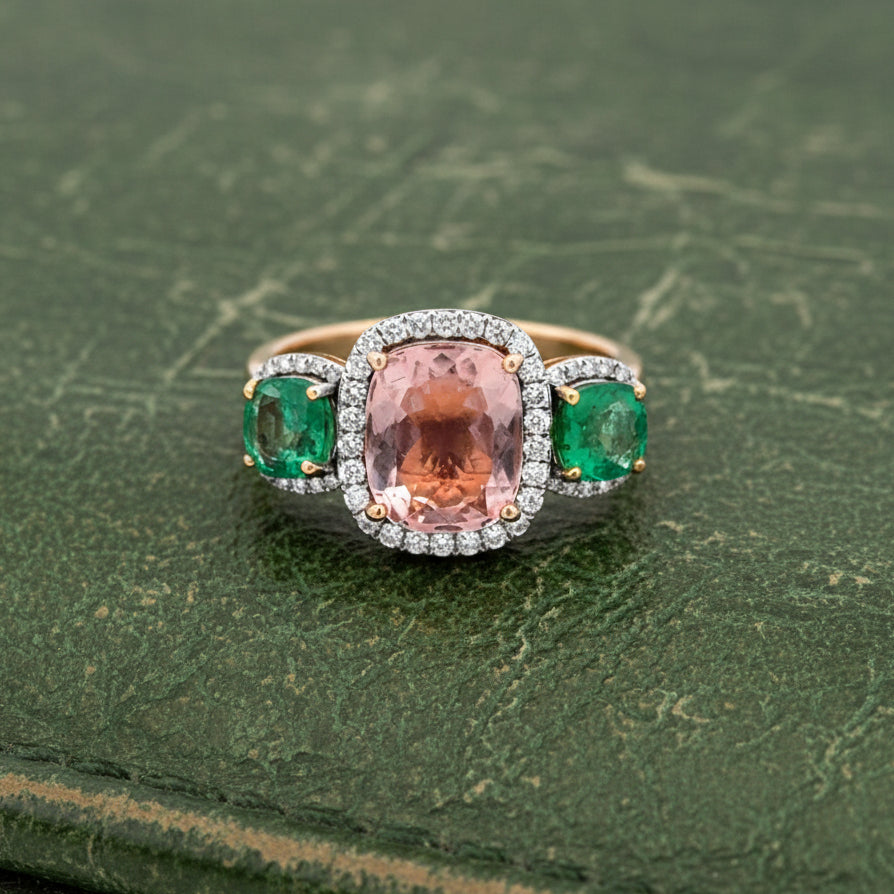 Estate Ring, Round Brilliant Cut Diamond 0.38cttw H-I VS2-SI, 2 Emerald Cushion Modified 1.50cttw, 1 Tourmaline Cushion Modified 3.00ct Pink, 18K Yellow Gold 4.63g. All Weights Estimated.