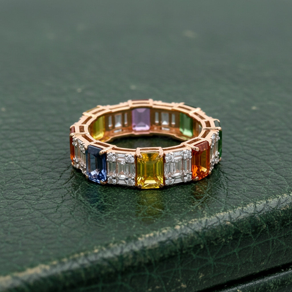 Estate Ring, 72 Round/Baguette Cut Diamonds 1.57cttw G-H VS2-SI1, 8 Sapphire Emerald Cut 5.39cttw Multi-Color, 18K Yellow Gold 4.09g. All Weights Estimated.