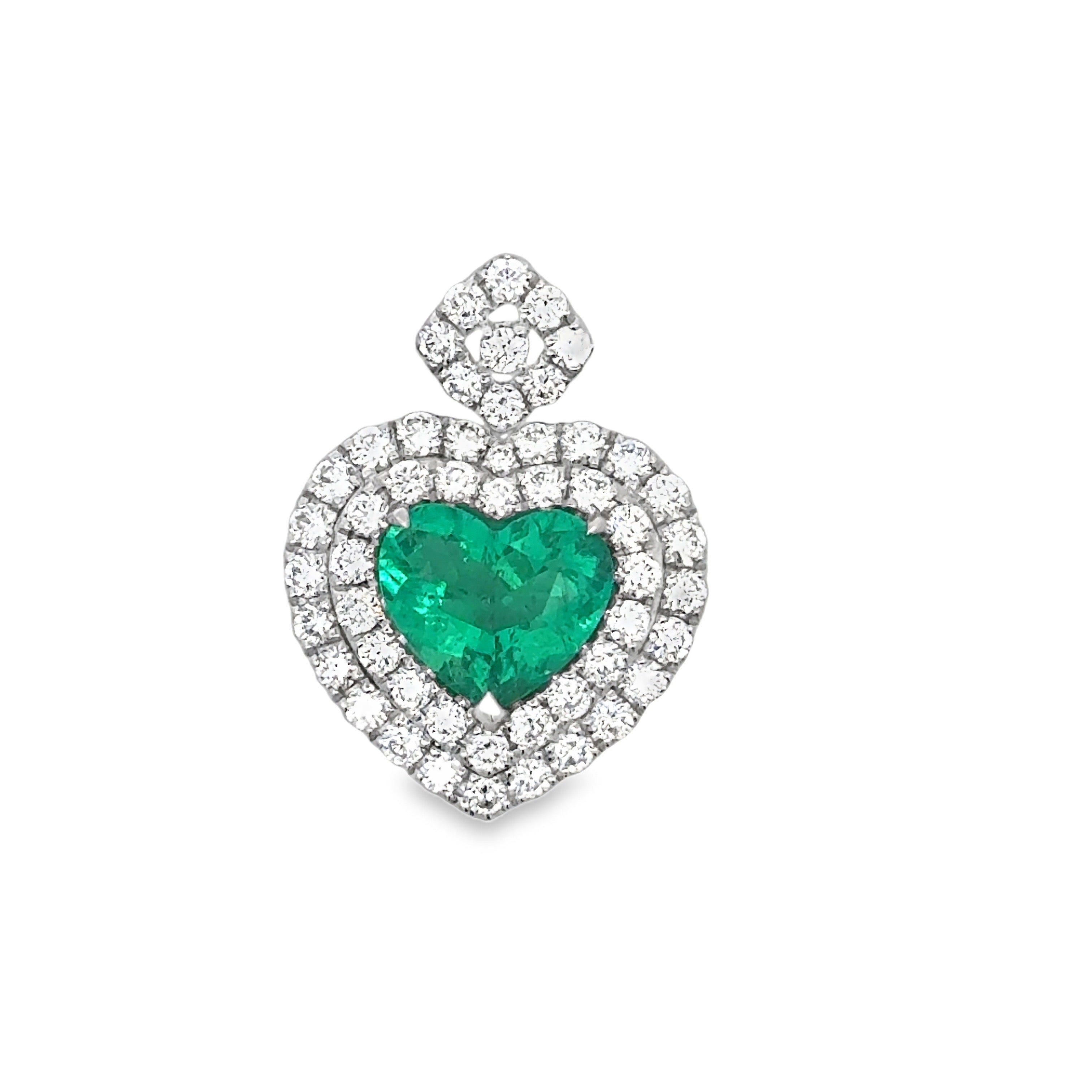 Designer A.V. Pendant, 60 Round Brilliant Cut Diamond 1.22 cttw  G-H VS1-SI1,1 Colombian Emerald Heart Shape 1.92 ct  Clarity Enhanced F1 GIA #6234152281 14K White Gold 3.50g. All weights estimated.