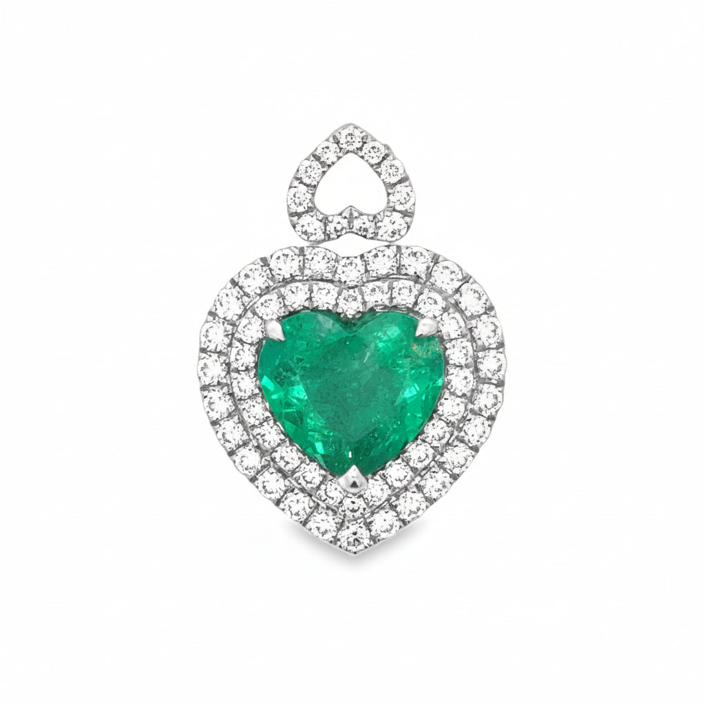 Designer A.V. Pendant, 61 Round Brilliant Cut Diamond 1.05 cttw  G-H VS1-SI1,1 Colombian Emerald Heart Shape 3.34 ct  Clarity Enhanced  F1 GIA #6234152270 14K White Gold 3.71g. All weights estimated.