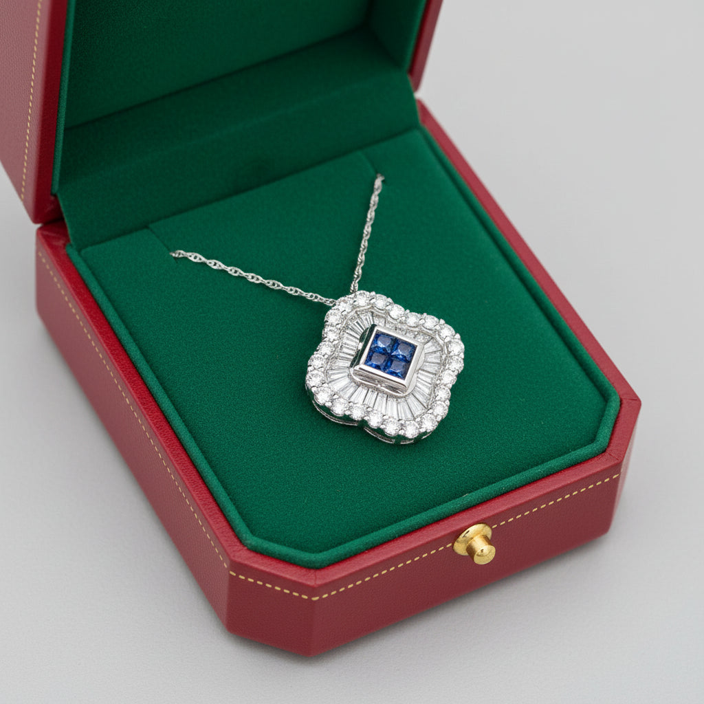Estate Necklace, 1 Round/Baguette Cut Diamond 2.00 cttw G-H VS1-SI1, 4 Sapphire Princess Cut 0.40cttw Platinum/18K White Gold 6.45g. All weights estimated.