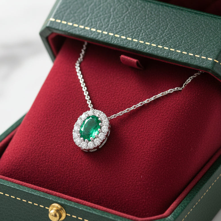 Estate Necklace, 15 Round Brilliant Cut Diamond 0.30 cttw G-H VS1-SI1,1 Emerald Oval 0.40 ct  14K/18K White Gold 3.74g. All weights estimated.