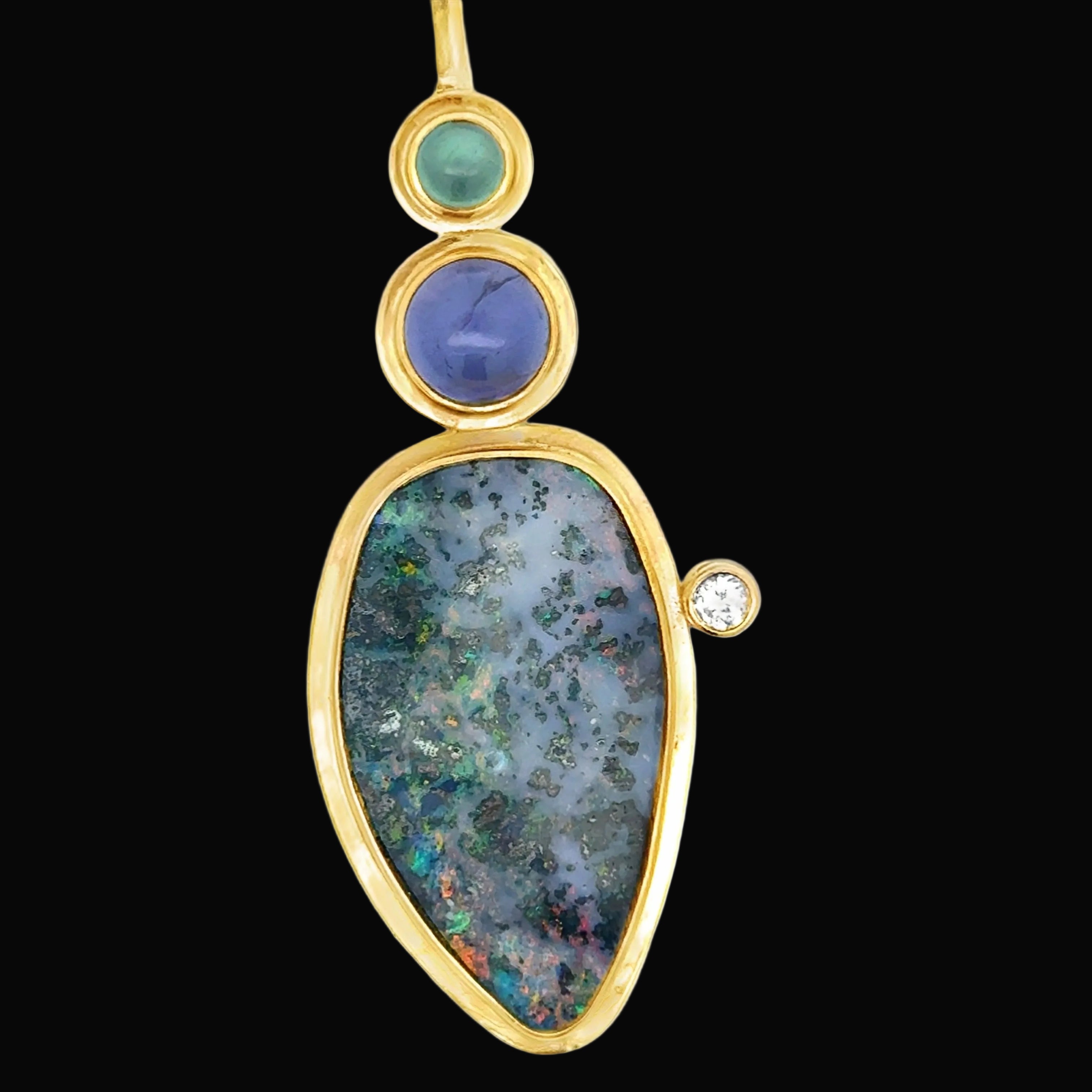 Designer Lee Philips Necklace, 1 Round Brilliant Cut Diamond 0.15ct  H SI1, Black Opal 31x34mm, 7 Iolite Cabochon 2.00 cttw, 4 Aquamarine Cabochon 1.00cttw,  14K Yellow Gold 26.27g. All weights estimated.