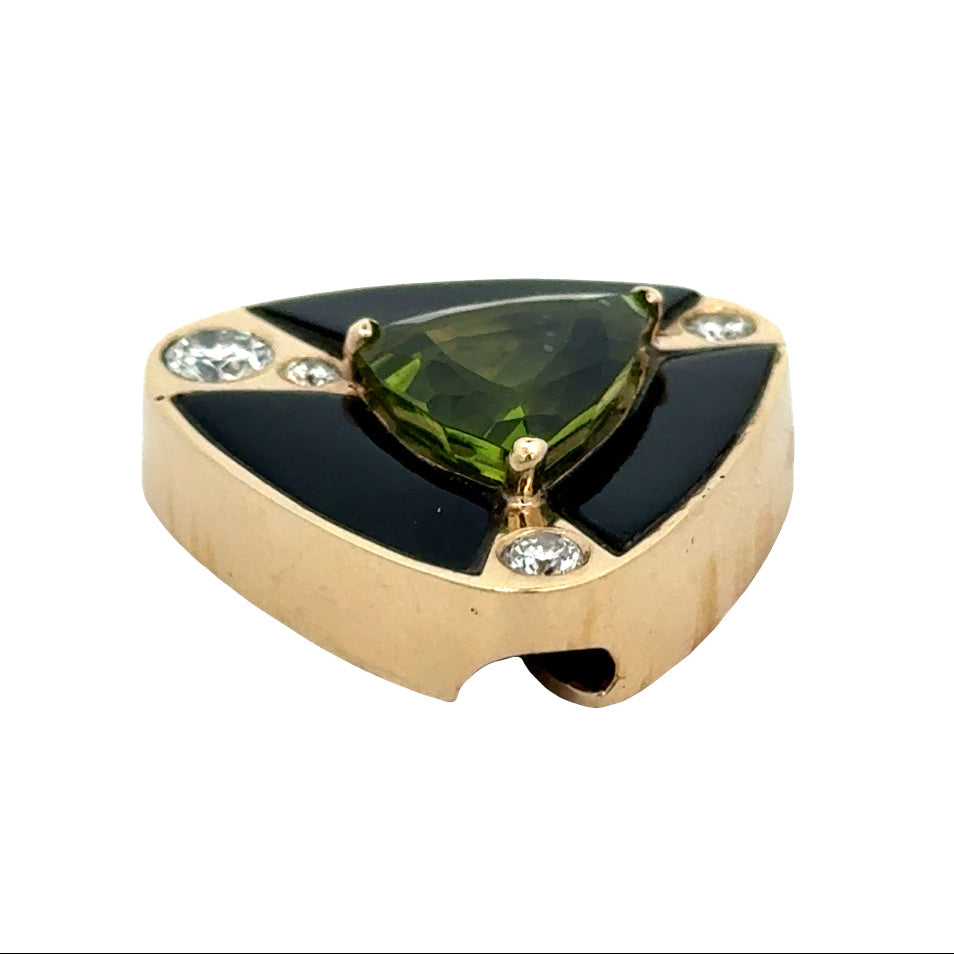 Designer Cole Pendant, 4 Round Brilliant Cut Diamond 0.60 cttw G-H VS2-SI2,1 Tril Peridot 6 cttw , Onyx Free Form Weight Unknown 14K Yellow Gold 9.56g. All weights estimated.