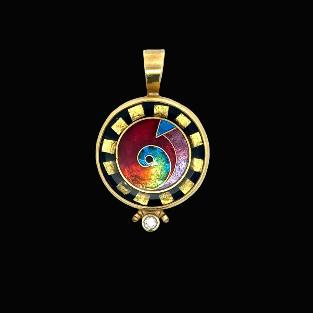 Designer Ricky Frank Pendant, 1 Round Brilliant Cut Diamond 0.10ct G VS2, 1 Cloisonne Multi-Color 18/22 K Yellow Gold 5.45g. All weights estimamted.