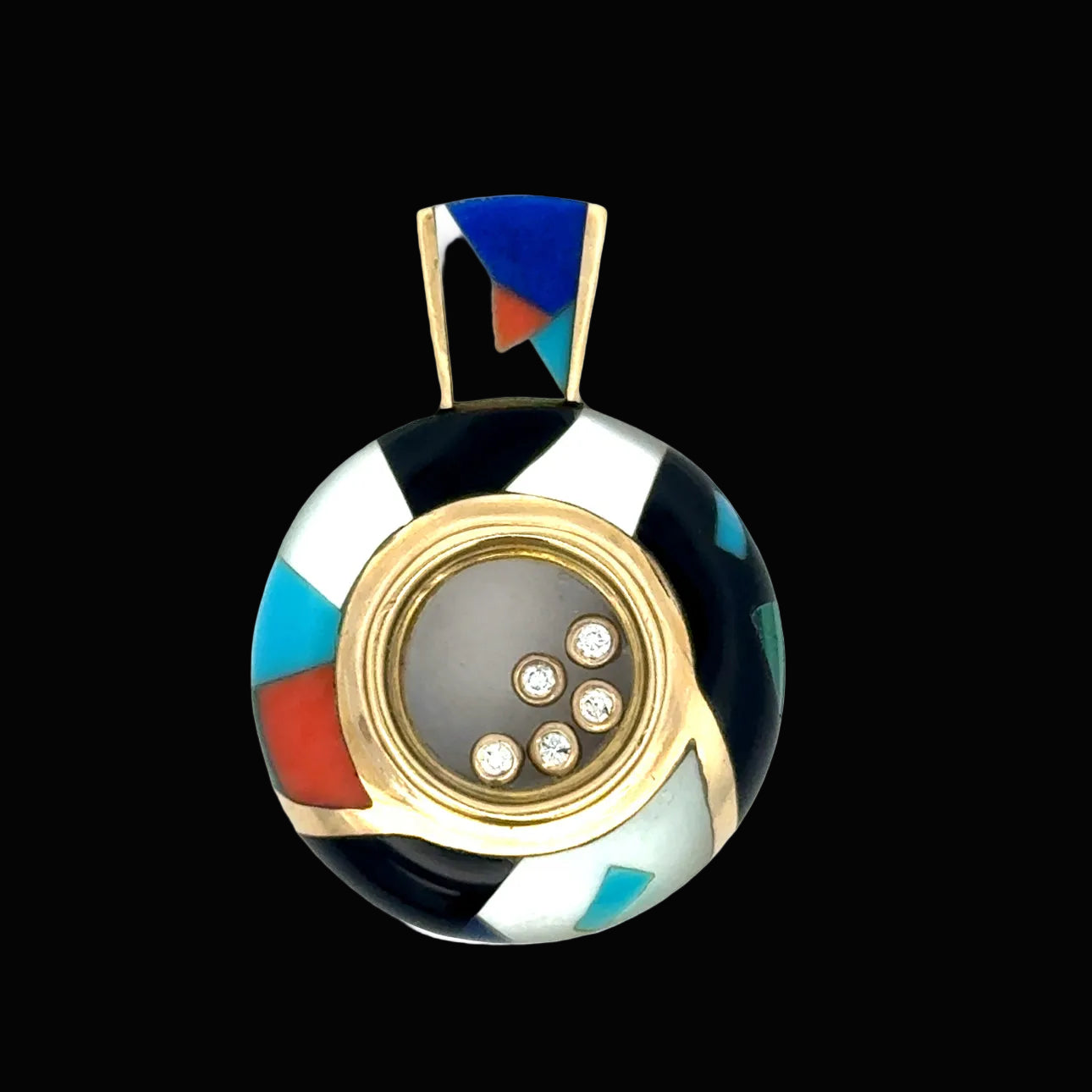 Designer KFJ Pendant, 5 Round Brilliant Cut Diamond 0.25cttw  G-H VS2-SI1, Lapis, Onyx, Coral, Malachite, 14K Yellow Gold 10.13g. All weights estimted.