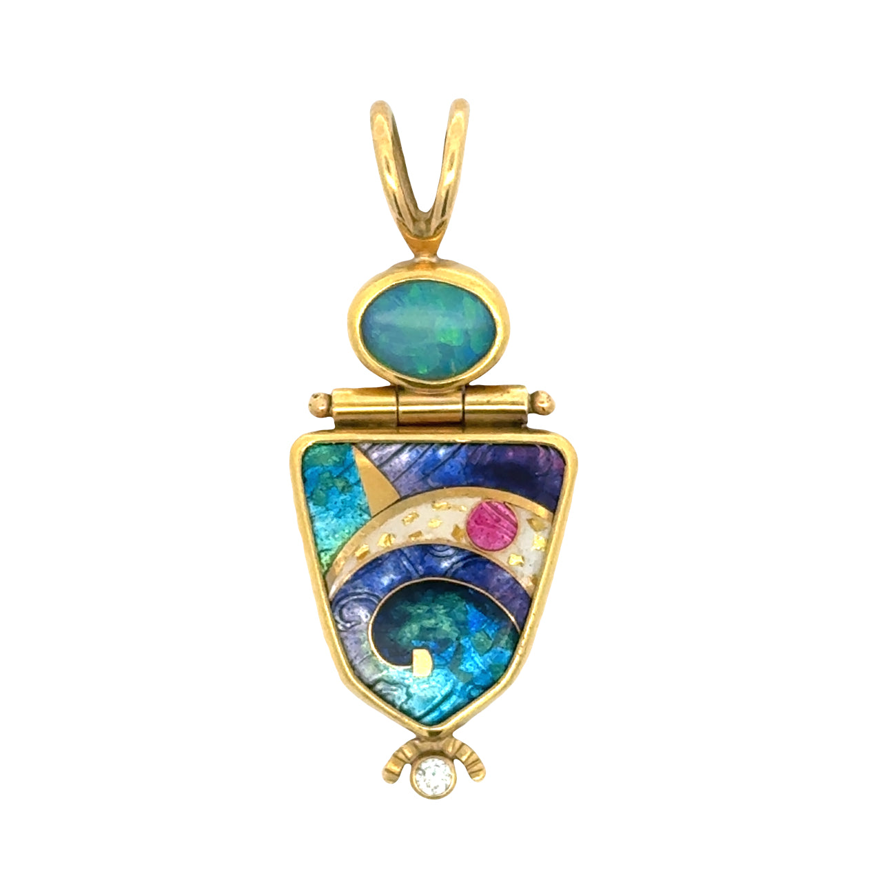 Designer Ricky Frank Pendant, 1 Round Brilliant Cut Diamond 0.05ct G VS2, 1 Oval Opal 2.00ct, 1 Cloisonne 18K/22K Yellow Gold 7.42g. All weights estimated.