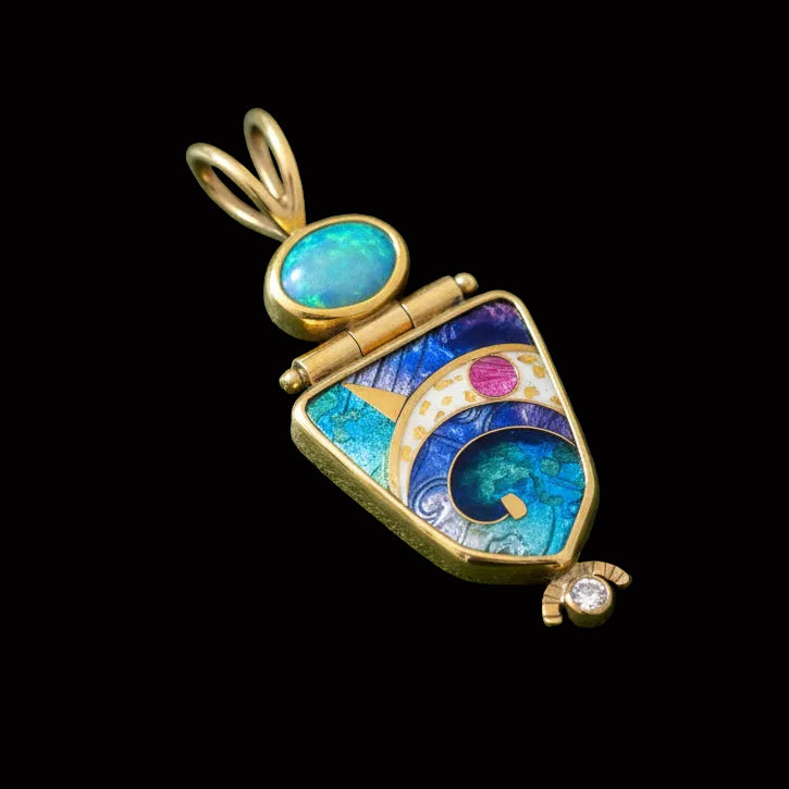 Designer Ricky Frank Pendant, 1 Round Brilliant Cut Diamond 0.05ct G VS2, 1 Oval Opal 2.00ct, 1 Cloisonne 18K/22K Yellow Gold 7.42g. All weights estimated.