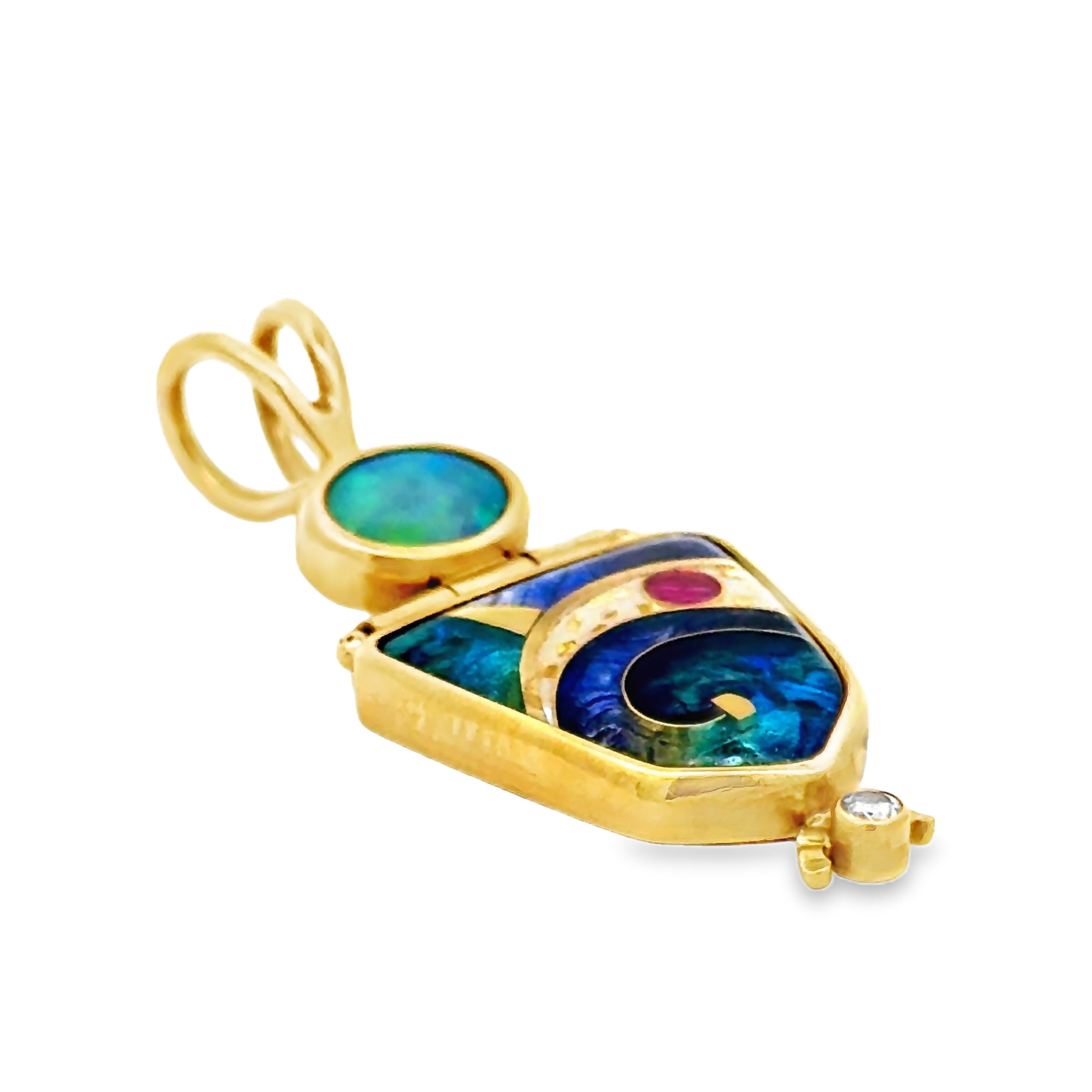 Designer Ricky Frank Pendant, 1 Round Brilliant Cut Diamond 0.05ct G VS2, 1 Oval Opal 2.00ct, 1 Cloisonne 18K/22K Yellow Gold 7.42g. All weights estimated.