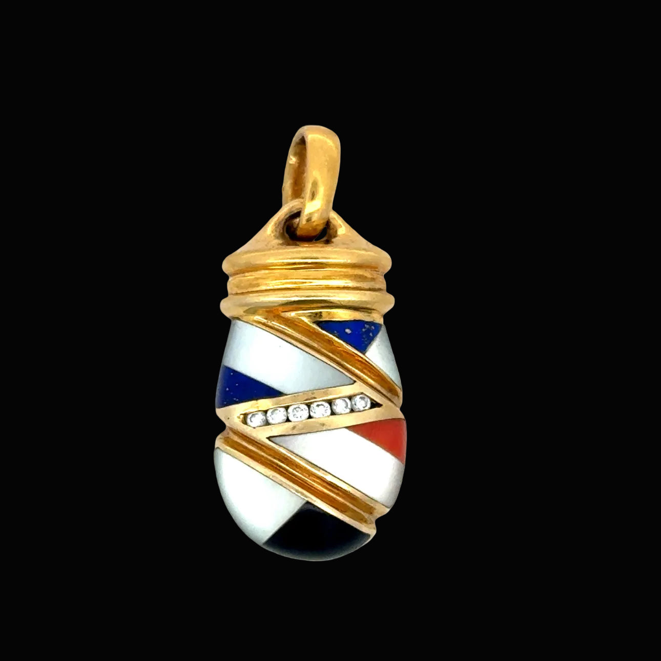 Designer Asch Grossbardt Pendant, 6 Round Brilliant Cut Diamond 0.20 cttw  G-H VS2-SI1, Lapis Lazuli, Onyx, Coral, Mother of Pearl 14K Yellow Gold 7.52g. All weights estimated.