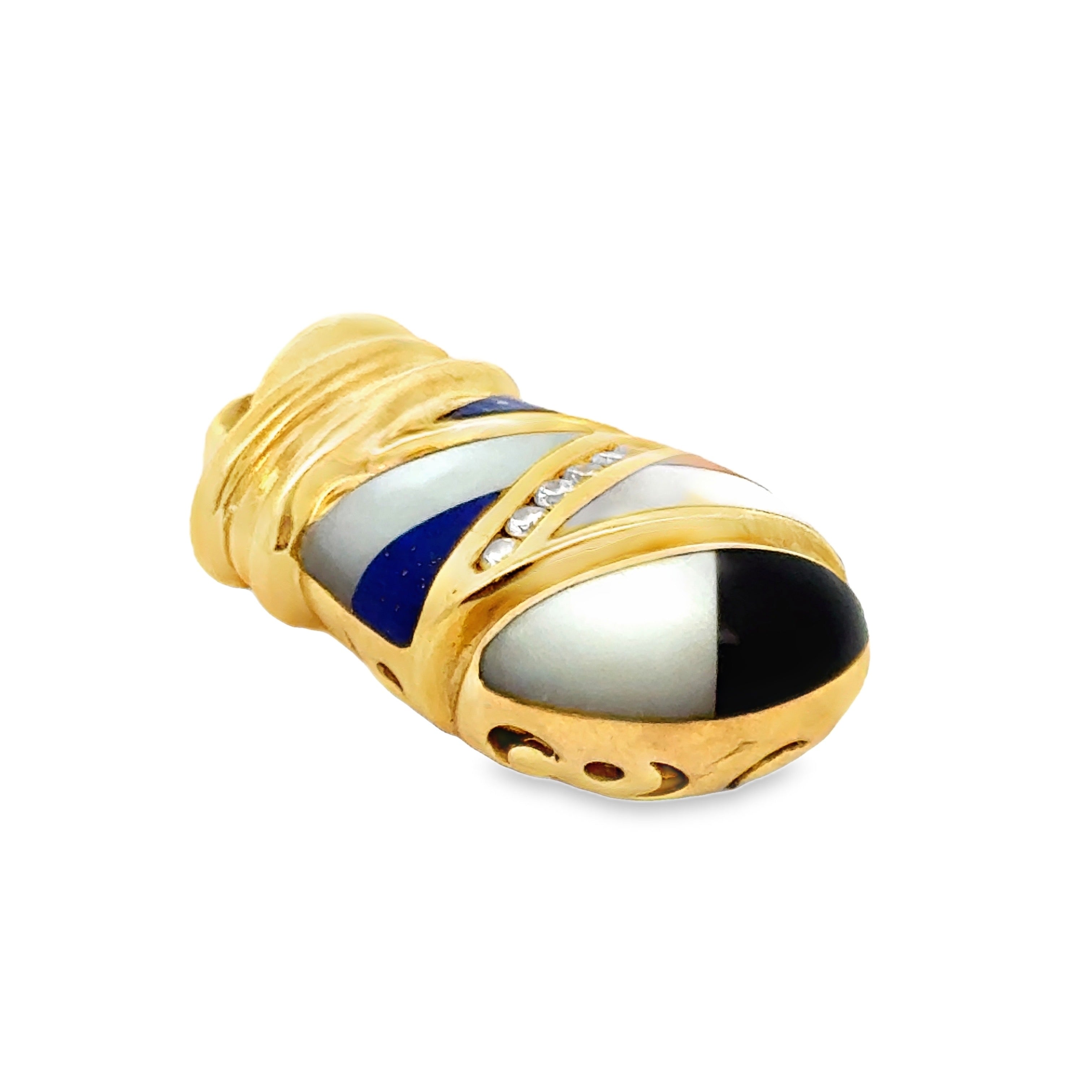 Designer Asch Grossbardt Pendant, 6 Round Brilliant Cut Diamond 0.20 cttw  G-H VS2-SI1, Lapis Lazuli, Onyx, Coral, Mother of Pearl 14K Yellow Gold 7.52g. All weights estimated.