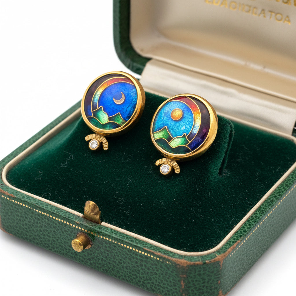 Designer Ricky Frank Earrings, 2 Round Brilliant Cut Diamond 0.10cttw G VS1-VS2, 2 Cloisonne Multi-Color, 18/22 K Yellow Gold 7.94g. All weights estimated.