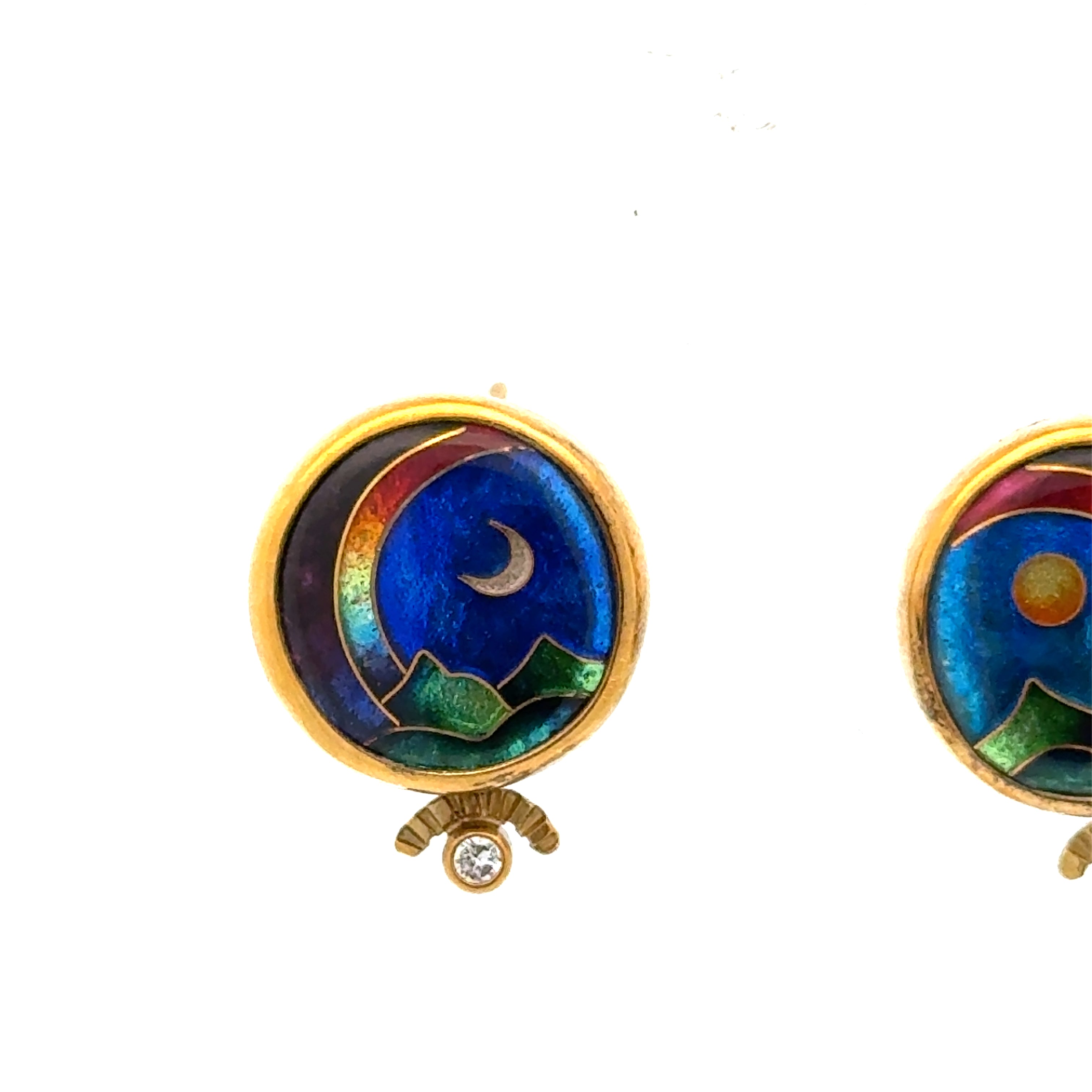 Designer Ricky Frank Earrings, 2 Round Brilliant Cut Diamond 0.10cttw G VS1-VS2, 2 Cloisonne Multi-Color, 18/22 K Yellow Gold 7.94g. All weights estimated.