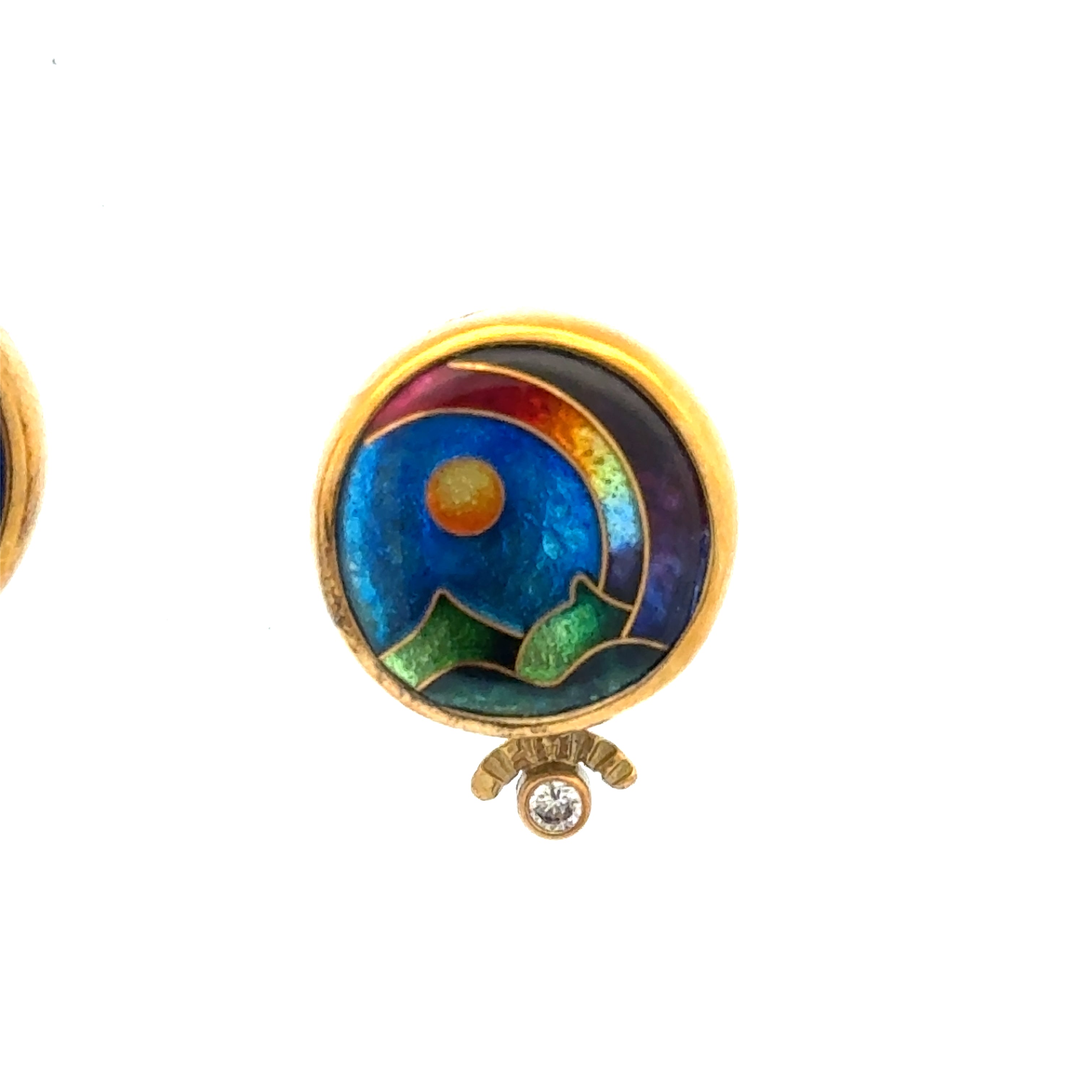 Designer Ricky Frank Earrings, 2 Round Brilliant Cut Diamond 0.10cttw G VS1-VS2, 2 Cloisonne Multi-Color, 18/22 K Yellow Gold 7.94g. All weights estimated.